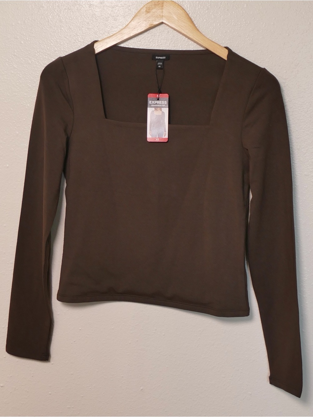 Express Brown Square Neck Long Sleeve Top